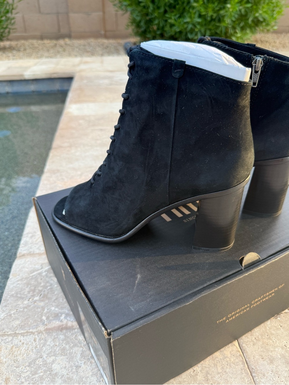 Frye Black Suede Lace-Up Open-Toe Block Heel Booties